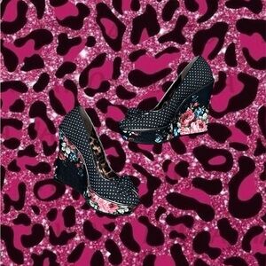 Betsy Johnson black + pink floral and polka dot wedge heels